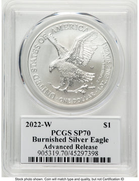 2022-W Burnished Silver Eagle 1 oz AR Emily Damstra PCGS MS70