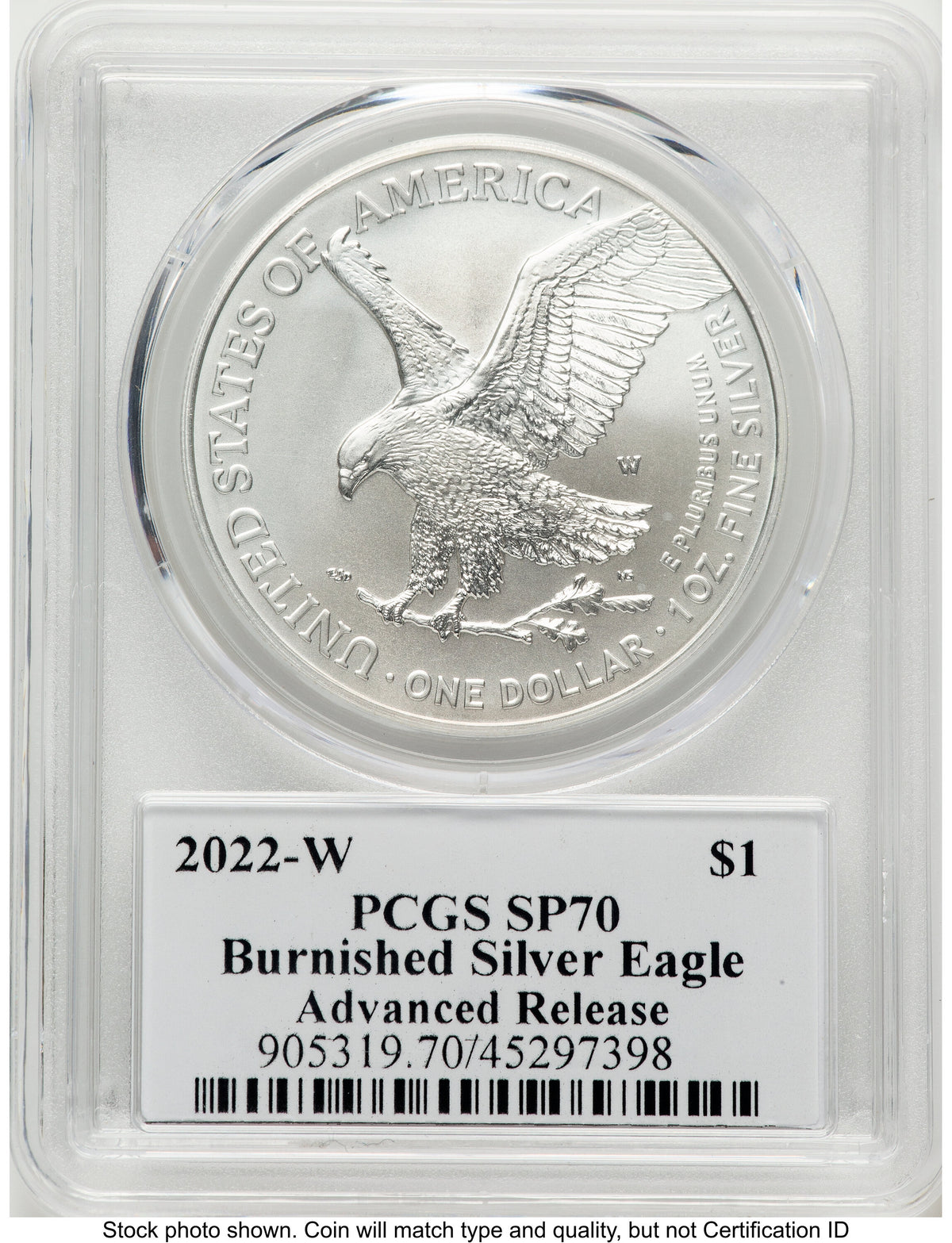 2022-W Burnished Silver Eagle 1 oz AR Emily Damstra PCGS MS70