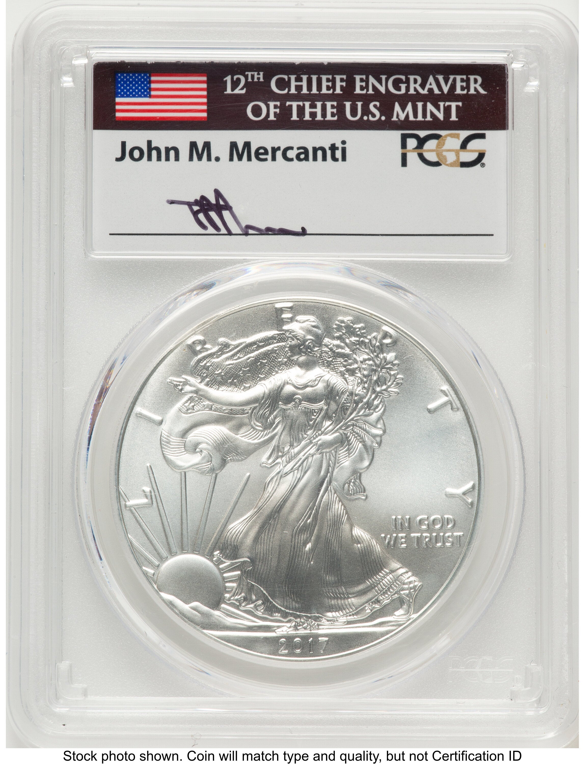 2017 Silver Eagle FDI John PCGS MS70 Mercanti