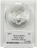 2017 Silver Eagle FDI John PCGS MS70 Mercanti