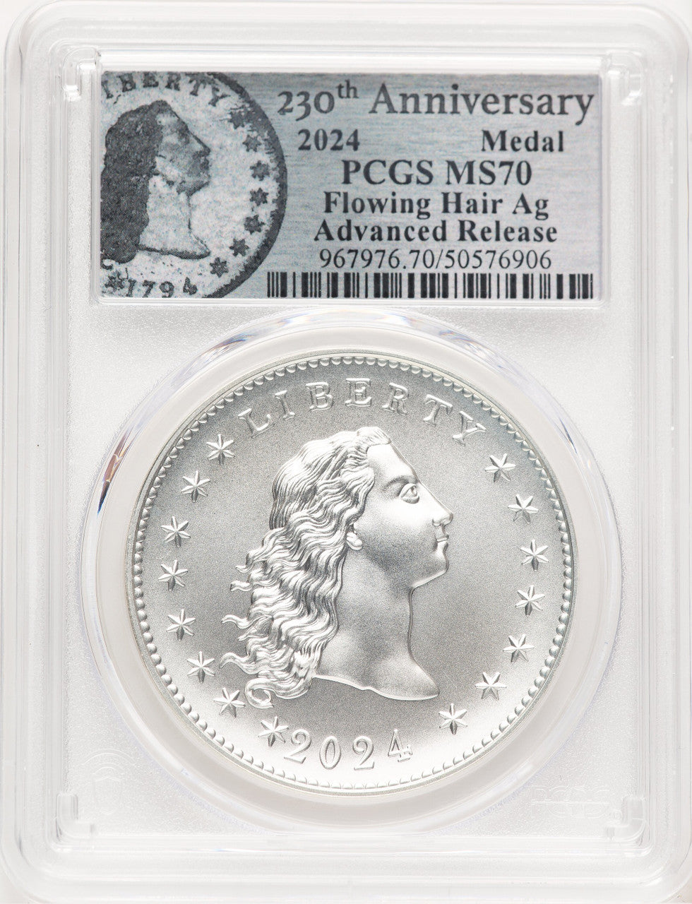 2024-(P) Silver 230th Anniversary Flowing Hair Medal AR Flowing Hair Label Modern Commemoratives PCGS MS70