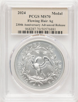 2024-(P) Silver 230th Anniv Flowing Hair Medal AR PCGS MS70 Thomas Cleveland