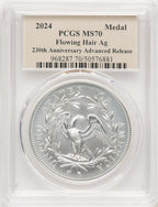 2024-(P) Silver 230th Anniv Flowing Hair Medal AR PCGS MS70 Thomas Cleveland