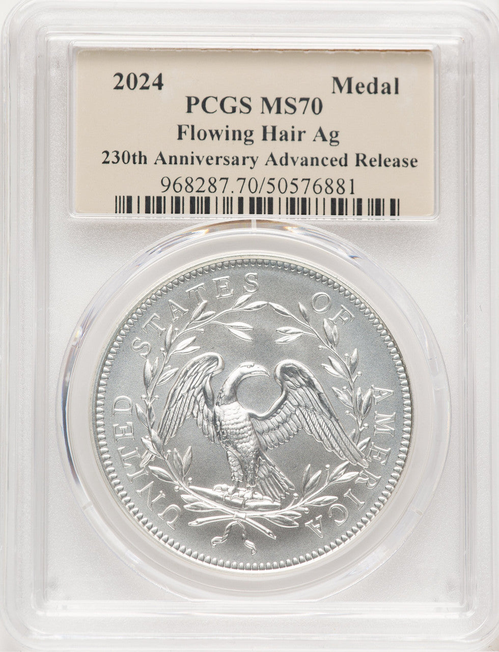 2024-(P) Silver 230th Anniv Flowing Hair Medal AR PCGS MS70 Thomas Cleveland
