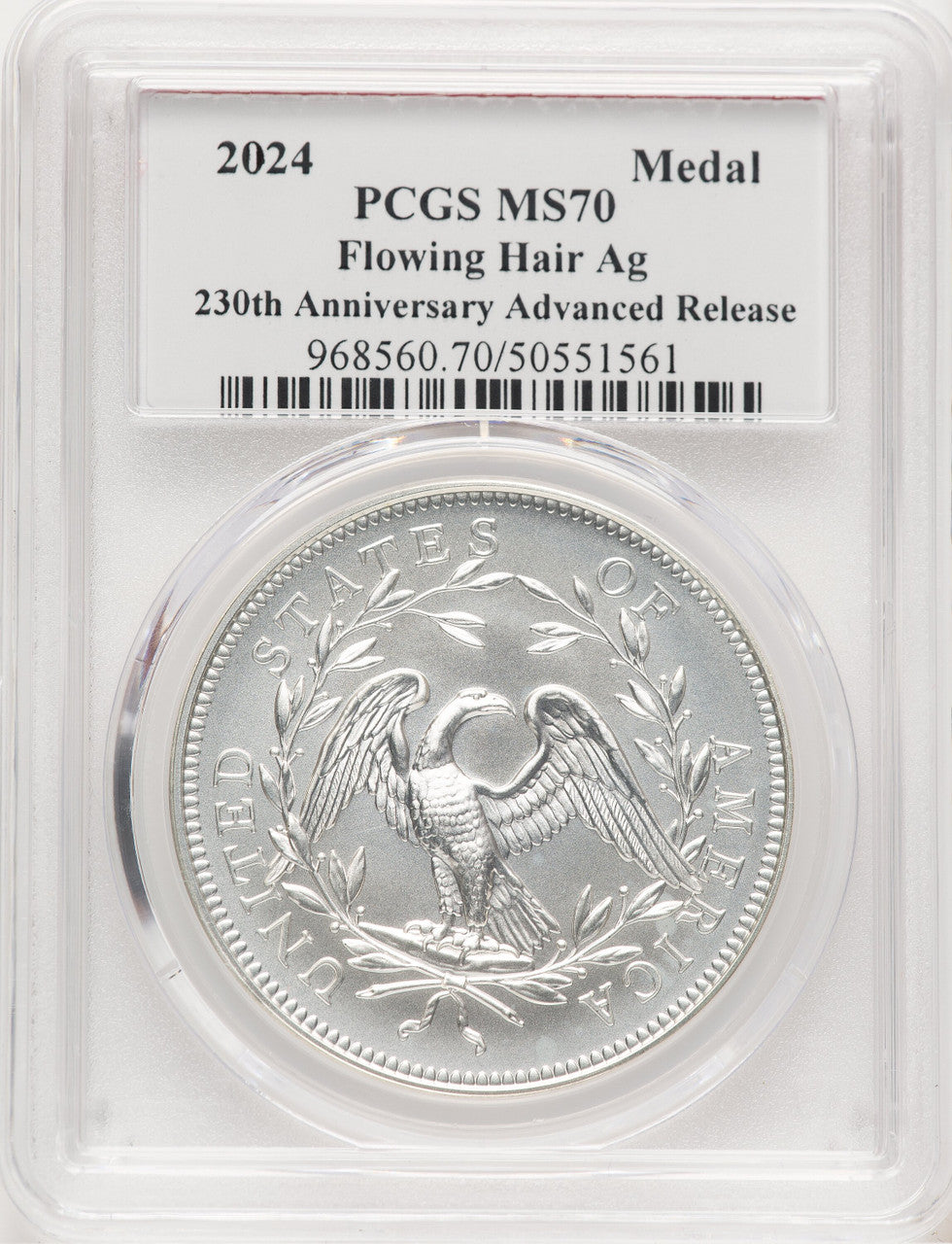 2024-(P) Silver 230th Anniv Flowing Hair Medal AR MS70 PCGS Dannreuther