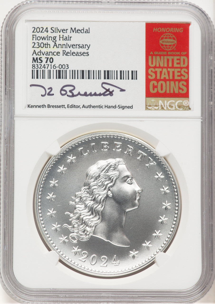 2024-(P) Silver 230th Anniv Flowing Hair Medal AR NGC MS70 Kenneth Bressett