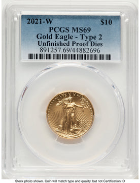 2021-W TY2 Gold Eagle 1/4 oz Unfinished Proof Dies Blue Gradient PCGS PR69