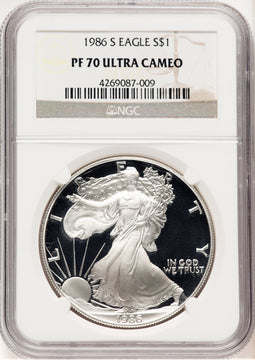1986-S Proof Silver Eagle 1 oz Brown Label NGC PF70