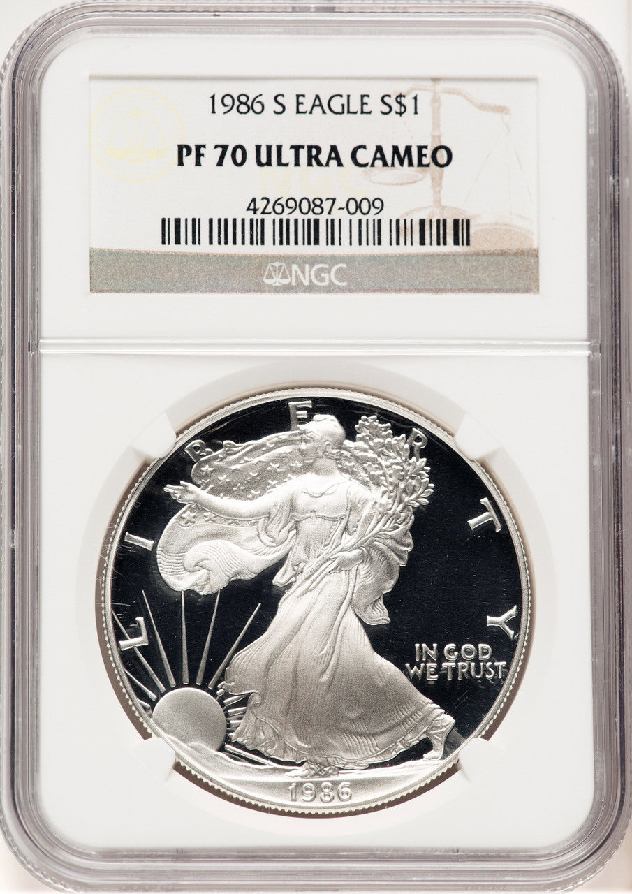 1986-S Proof Silver Eagle 1 oz Brown Label NGC PF70