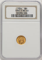 1854 G$1 T-1 Gold Dollar NGC MS63