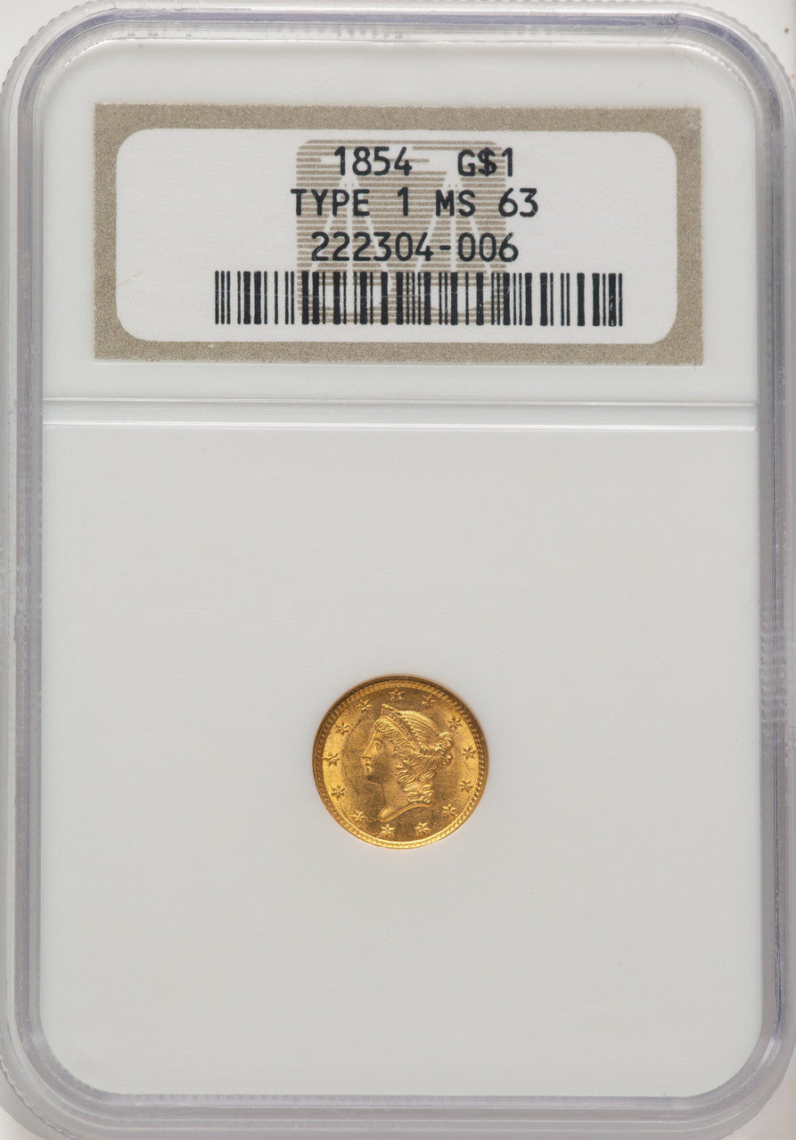 1854 G$1 T-1 Gold Dollar NGC MS63