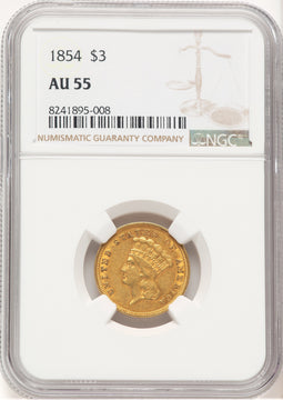 1854 $3 Three Dollar Gold Pieces NGC AU55 (773311025)