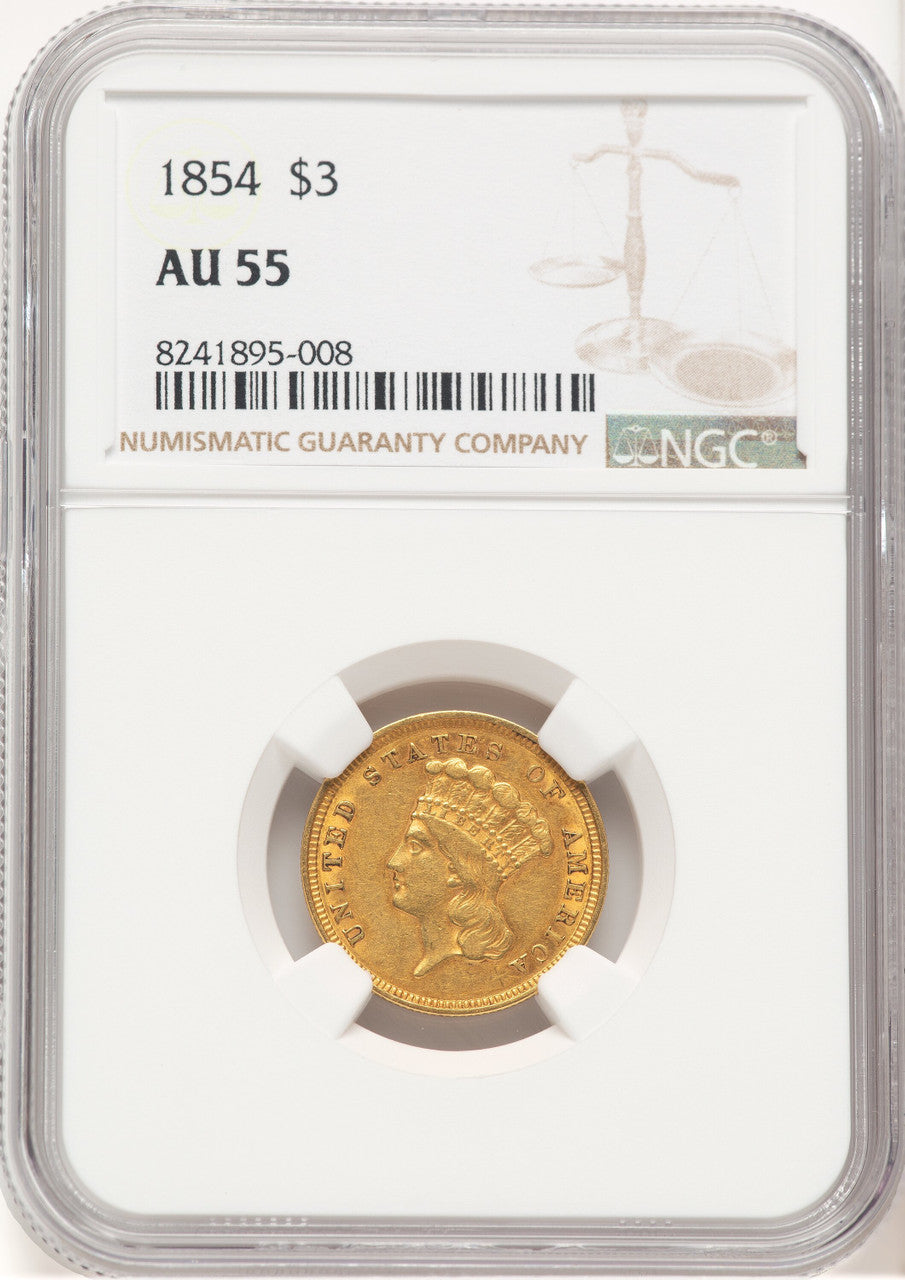 1854 $3 Three Dollar Gold Pieces NGC AU55 (773311025)