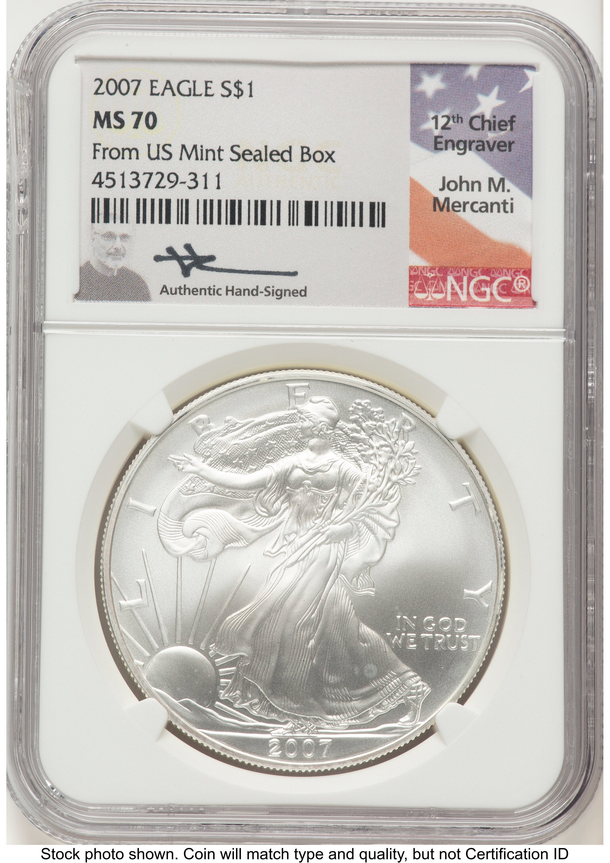 2007 Silver Eagle John From US Mint Sealed Box NGC MS70 Mercanti