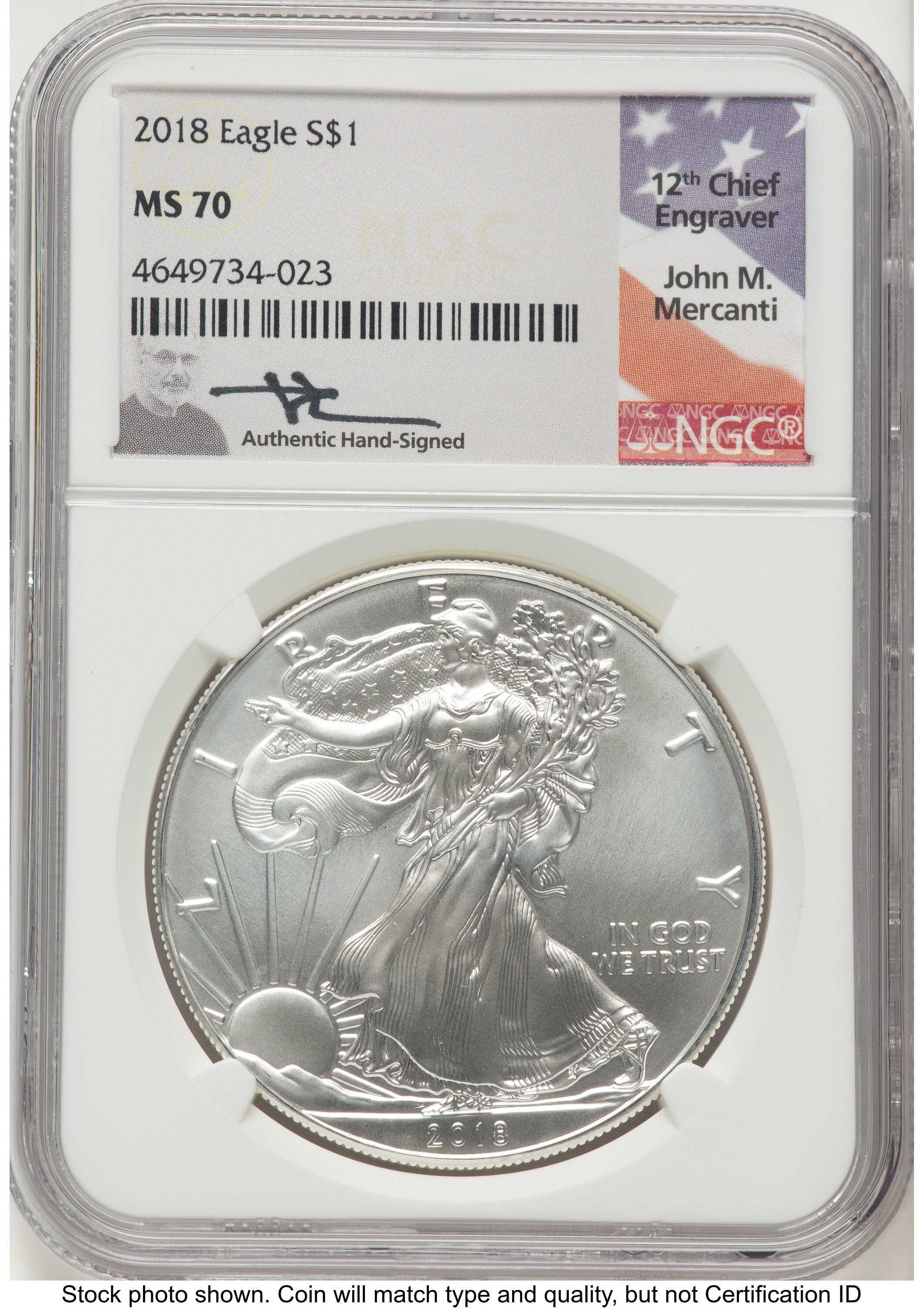 2018 Silver Eagle John NGC MS70 Mercanti