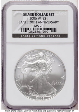 2006 3 Coin 20th Anniversary Silver Eagle Set 20th Anniversary Silver Dollar Set Label NGC MS70
