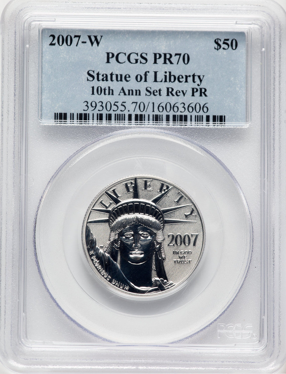 2007-W Reverse Proof Platinum Eagle 1/2 oz Blue Label PCGS PR70