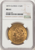 1873 $20 CLOSED 3 Brown Label Liberty Double Eagle NGC MS61