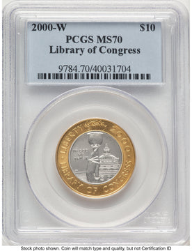 2000-W $10 Library of Congress Bi-Metallic Gold 0.2509 oz and Platinum 0.2509 oz Blue Label Modern Issues PCGS MS70