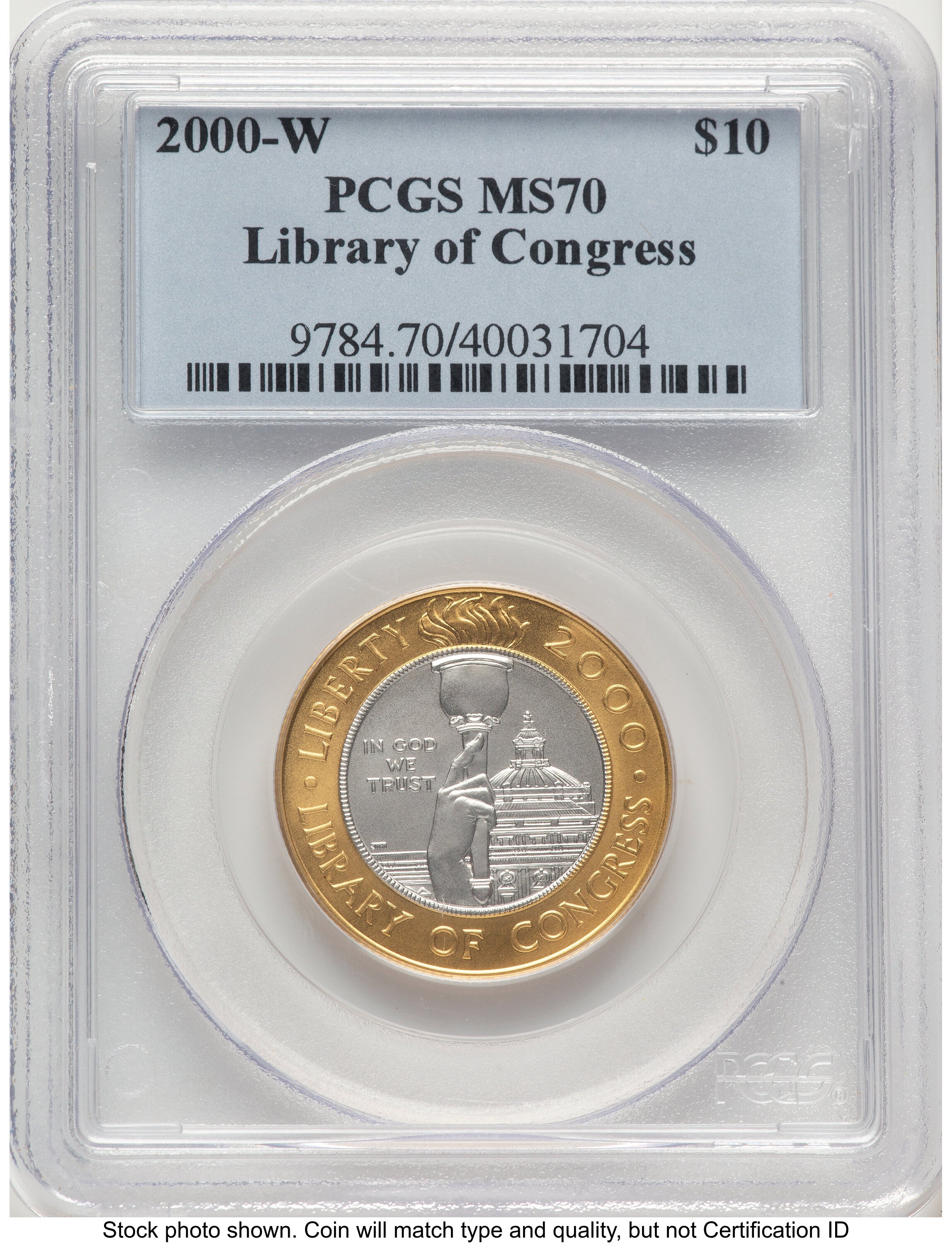 2000-W $10 Library of Congress Bi-Metallic Gold 0.2509 oz and Platinum 0.2509 oz Blue Label Modern Issues PCGS MS70