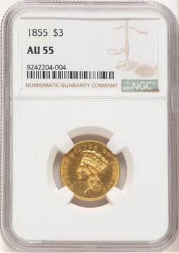 1855 $3 Brown Label Three Dollar Gold Pieces NGC AU55