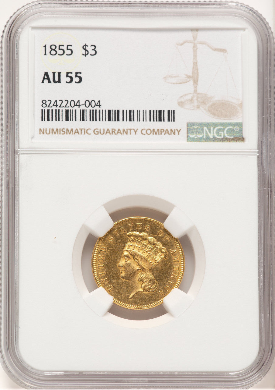 1855 $3 Brown Label Three Dollar Gold Pieces NGC AU55
