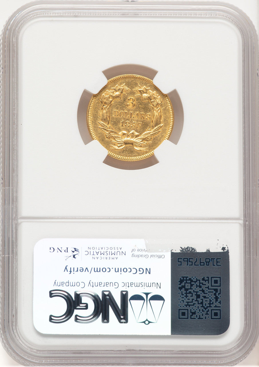 1855 $3 Brown Label Three Dollar Gold Pieces NGC AU55