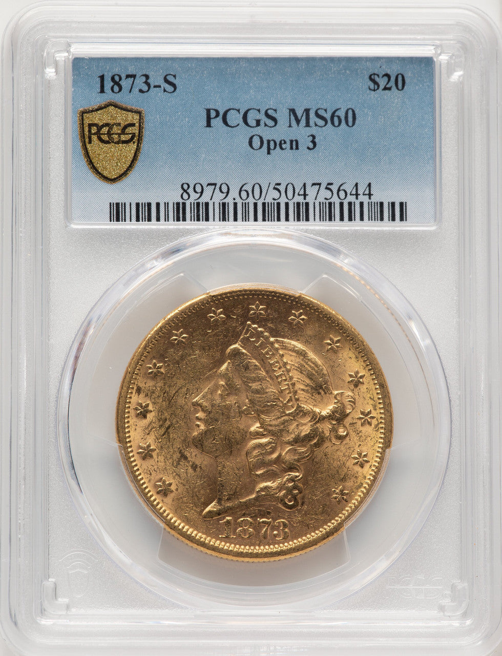 1873-S $20 OPEN 3 Liberty Double Eagle PCGS MS60