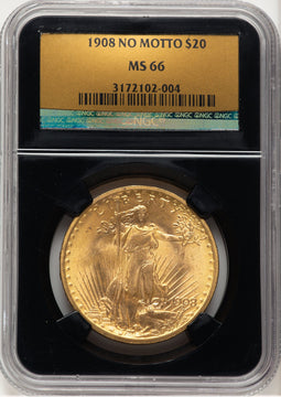 1908 $20 NO MOTTO Saint-Gaudens Double Eagle NGC MS66