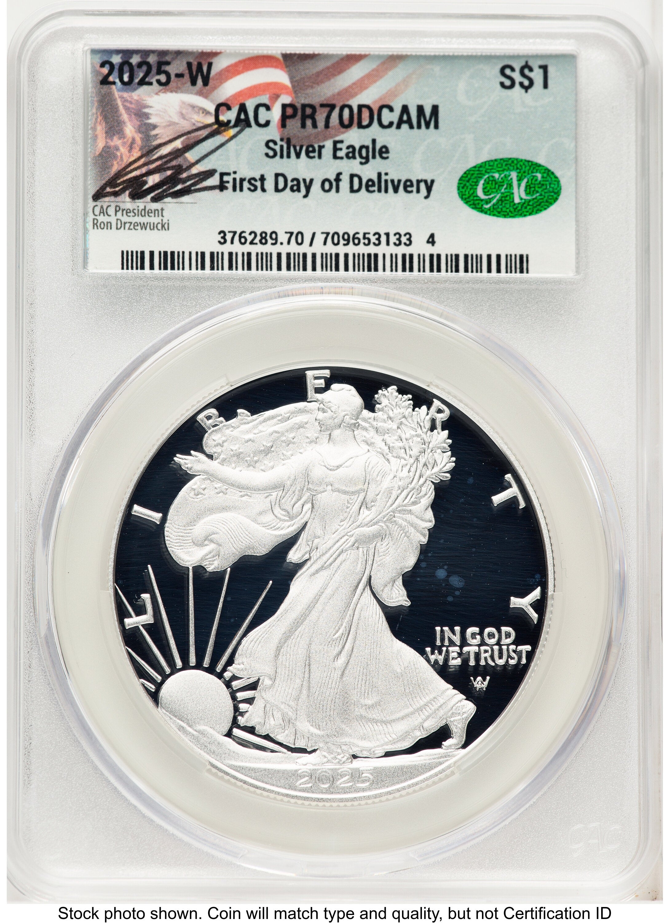2025-W Proof Silver Eagle 1 oz First Day of Delivery Ron Drzewuki CACG PR70