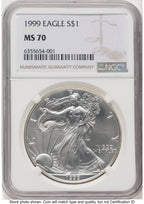 1999 Silver Eagle Brown Label NGC MS70