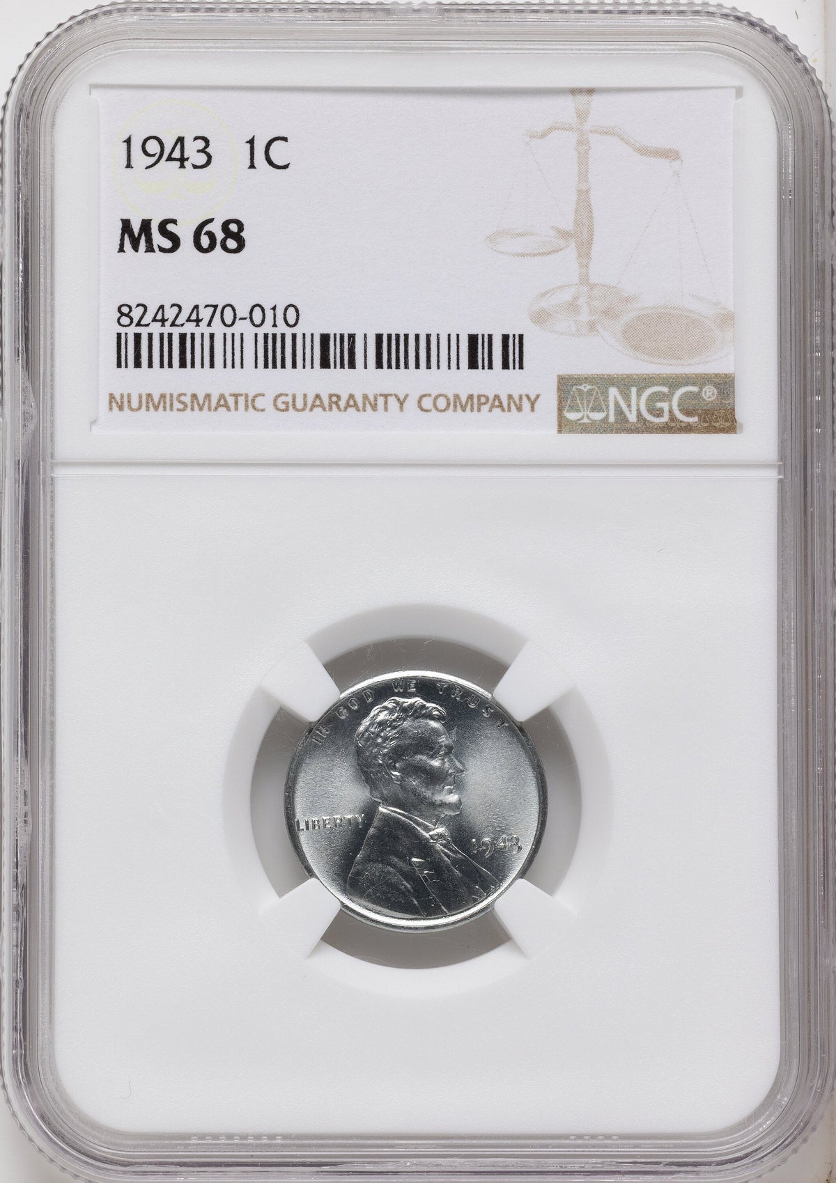1943 1C Lincoln Cent NGC MS68