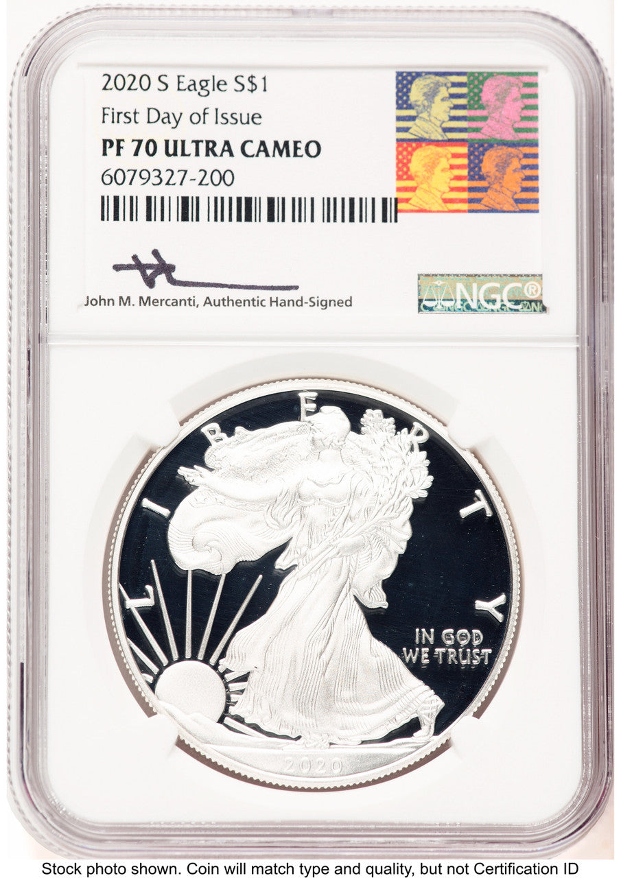 2020-S Proof Silver Eagle 1 oz FDI John Reagan Bust Art NGC PF70 Mercanti