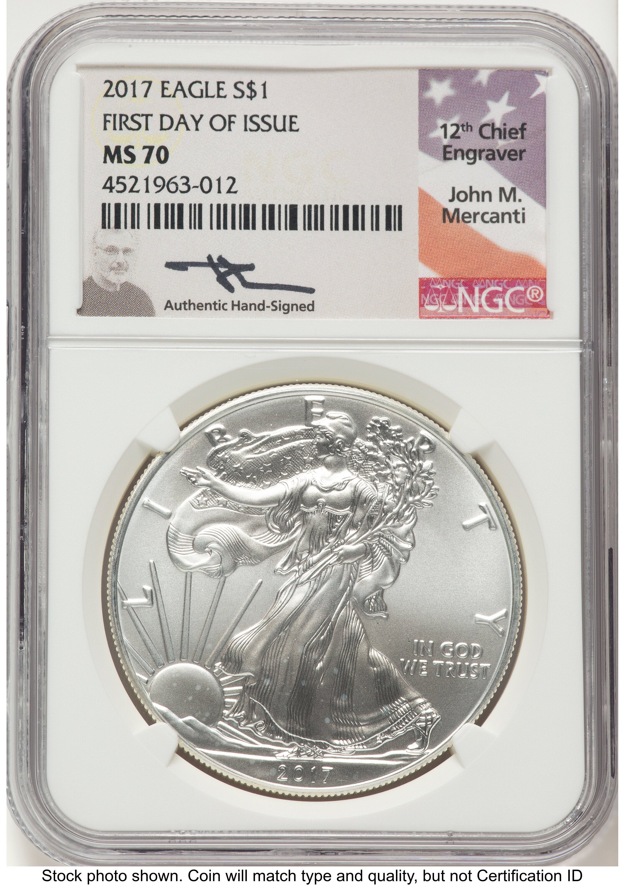 2017 Silver Eagle FDI John NGC MS70 Mercanti