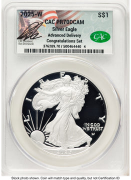2025-W Proof Silver Eagle Congratulations Set 1 oz Advanced Delivery Ron Drzewucki CACG PR70
