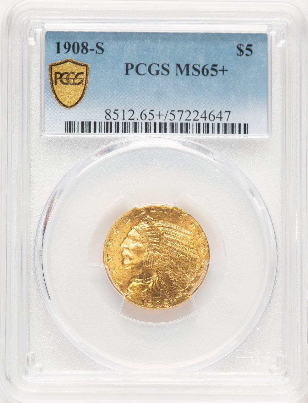 1908-S $5 Indian Half Eagle PCGS MS65+