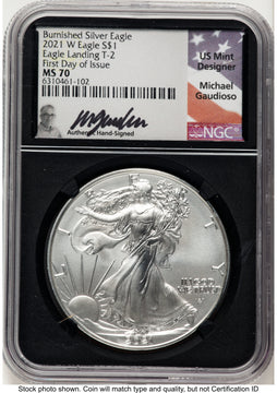 2021-W TY2 Burnished Silver Eagle 1 oz FDI Michael Gaudioso NGC MS70
