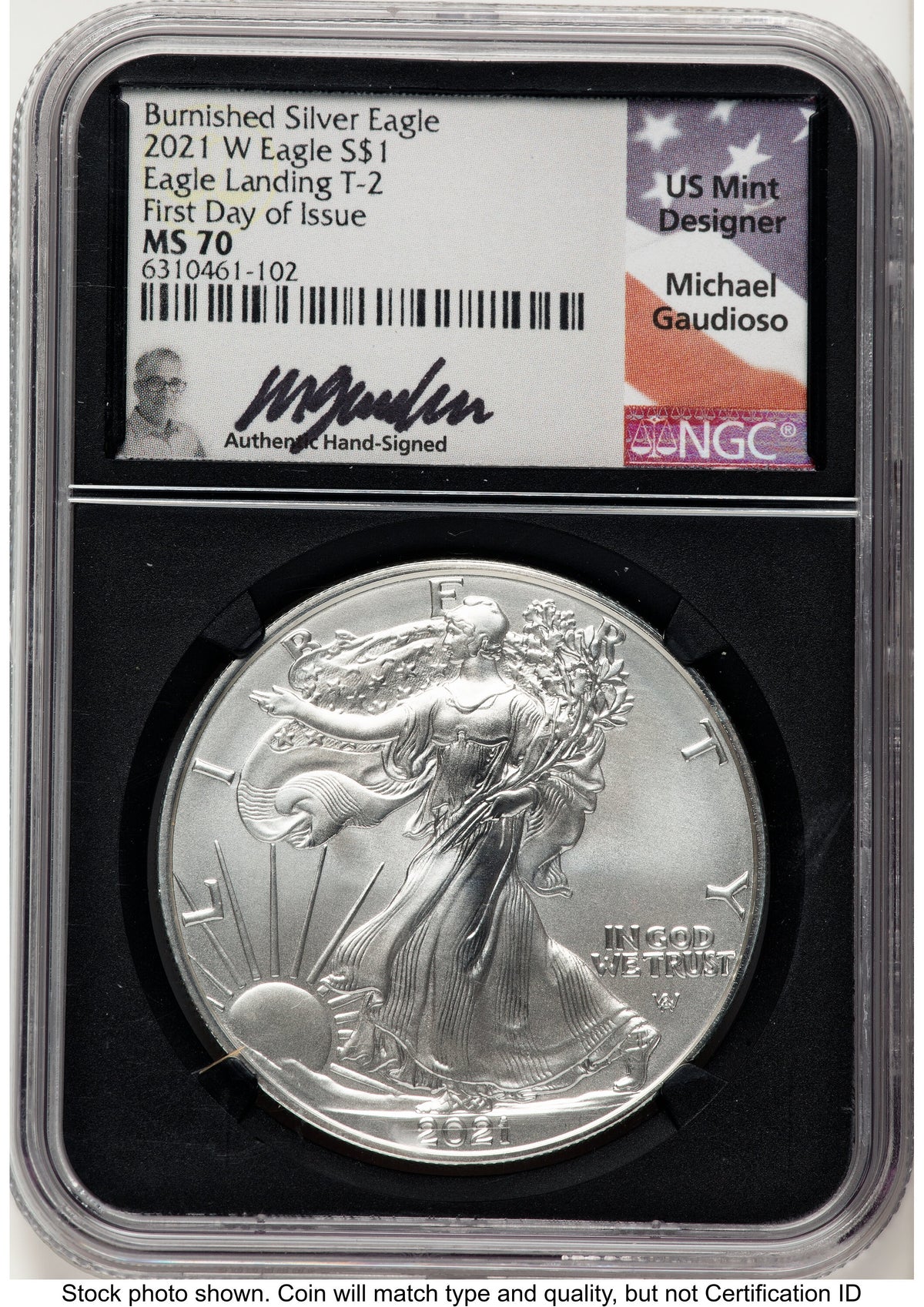 2021-W TY2 Burnished Silver Eagle 1 oz FDI Michael Gaudioso NGC MS70