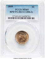 1859 1C FS-302 S-2 Indian Cent PCGS MS65