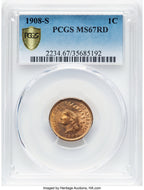 1908-S 1C RD Indian Cent PCGS MS67