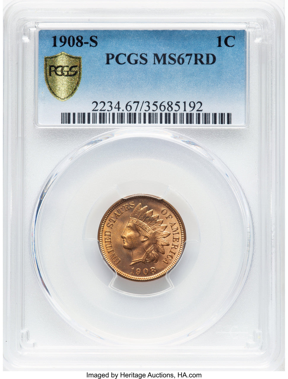 1908-S 1C RD Indian Cent PCGS MS67