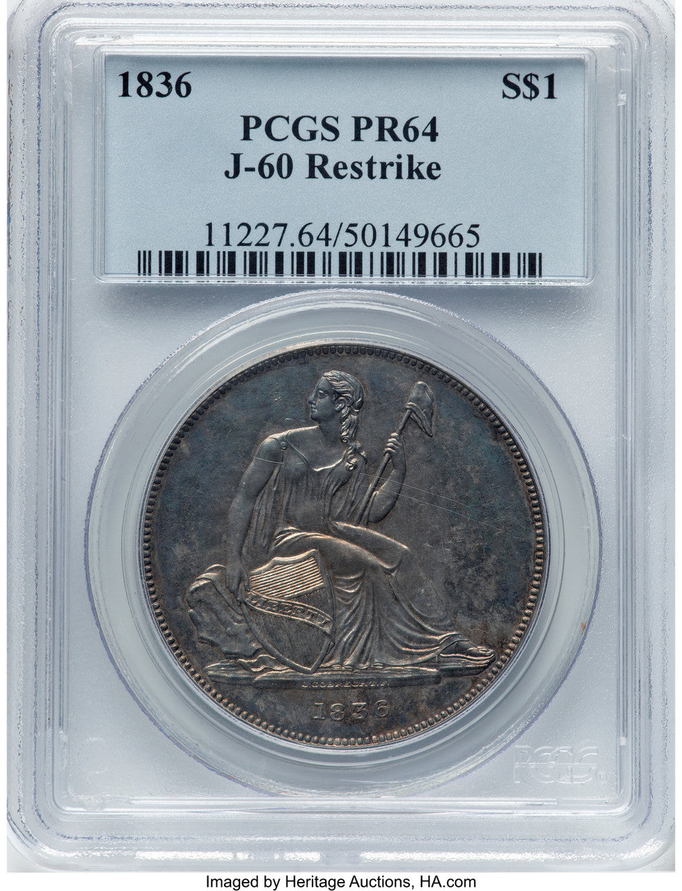 1836 Name on Base Judd-60 Restrike Pollock-65 R.5 Gobrecht Dollar PCGS MS64