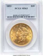 1853 $20 Liberty Double Eagle PCGS MS63