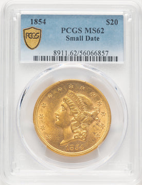 1854 $20 Small Date Liberty Double Eagle PCGS MS62