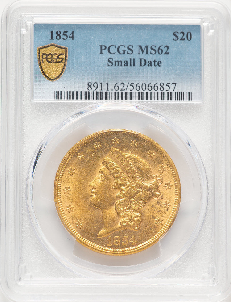 1854 $20 Small Date Liberty Double Eagle PCGS MS62
