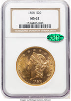 1858 $20 CAC Liberty Double Eagle NGC MS62