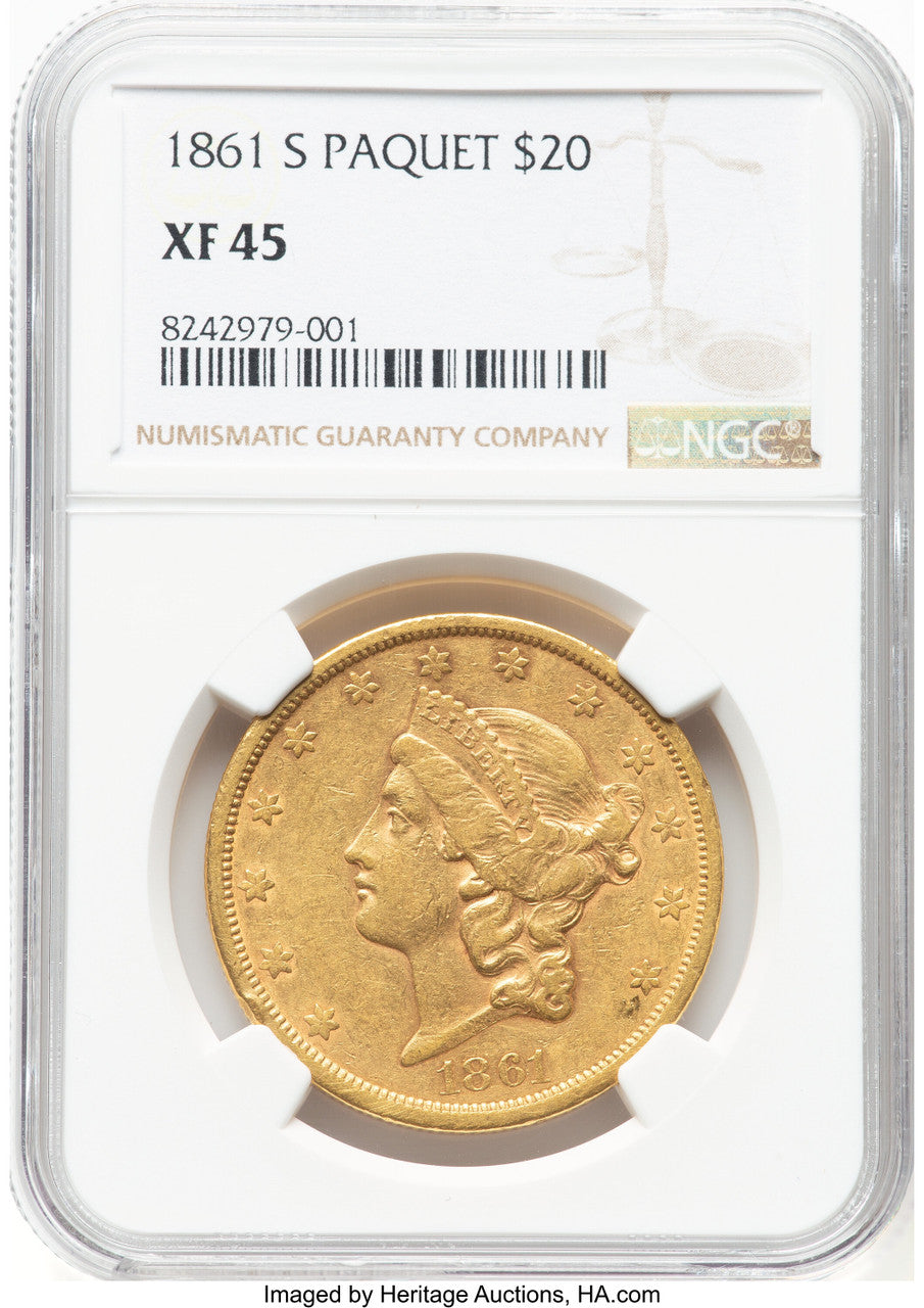 1861-S $20 PAQUET Liberty Double Eagle NGC XF45