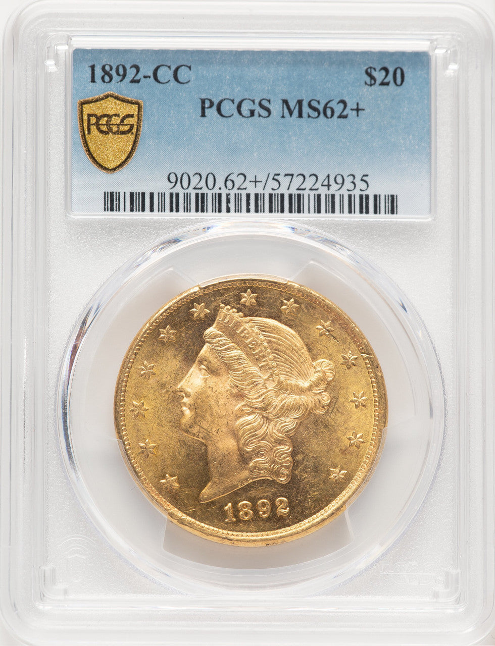 1892-CC $20 Liberty Double Eagle PCGS MS62+