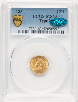 1854 G$1 Type Two CAC Gold Dollar PCGS MS63