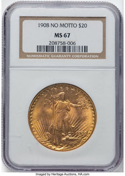 1908 $20 NO MOTTO Saint-Gaudens Double Eagle NGC MS67 (776141090)